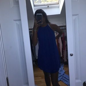 Blue pleated flowy chiffon dress